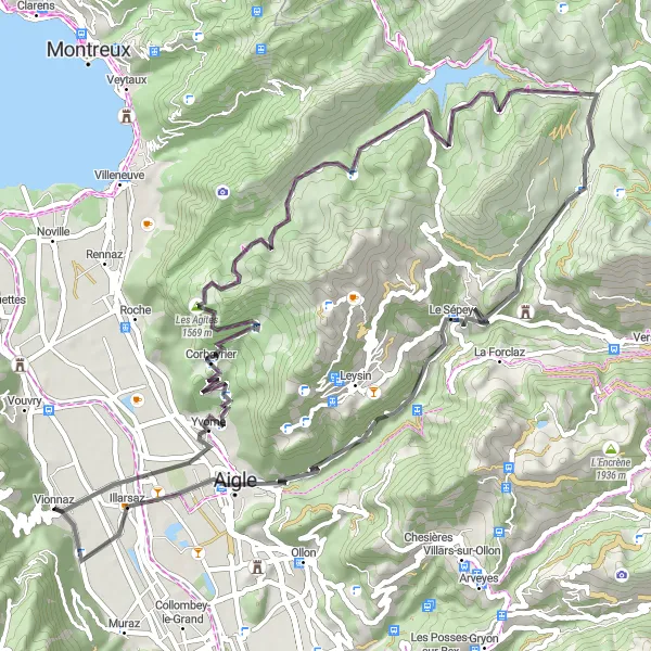 Map miniature of "Vionnaz Loop via Yvorne and Le Sépey" cycling inspiration in Région lémanique, Switzerland. Generated by Tarmacs.app cycling route planner