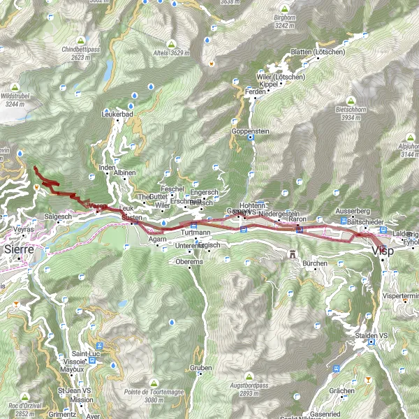 Miniatura della mappa di ispirazione al ciclismo "Gravel Adventure da Turtmann a Visp" nella regione di Région lémanique, Switzerland. Generata da Tarmacs.app, pianificatore di rotte ciclistiche