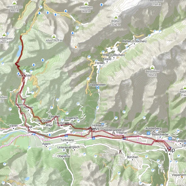 Kartminiatyr av "Grusvei sykkeltur til Visp" sykkelinspirasjon i Région lémanique, Switzerland. Generert av Tarmacs.app sykkelrutoplanlegger
