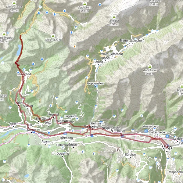 Karttaminiaatyyri "Seikkailu Gemmipassin ja Leukin halki" pyöräilyinspiraatiosta alueella Région lémanique, Switzerland. Luotu Tarmacs.app pyöräilyreittisuunnittelijalla