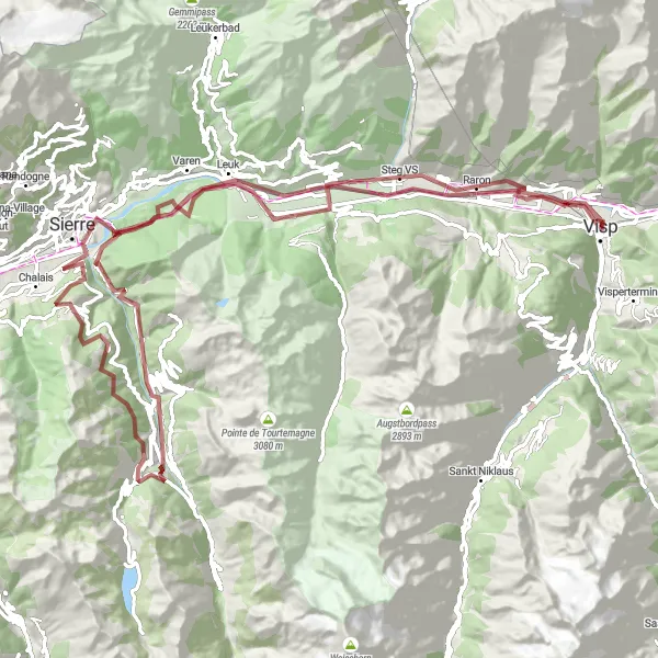 Karttaminiaatyyri "Ultimate Gravel Cycling Expedition to Leuk, Saint-Luc, and Grimentz" pyöräilyinspiraatiosta alueella Région lémanique, Switzerland. Luotu Tarmacs.app pyöräilyreittisuunnittelijalla