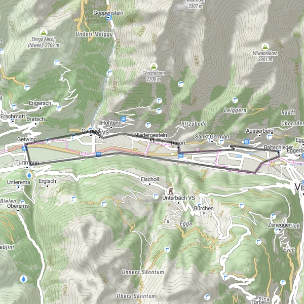 Miniatua del mapa de inspiración ciclista "Ruta escénica a Raron y Baltschieder" en Région lémanique, Switzerland. Generado por Tarmacs.app planificador de rutas ciclistas