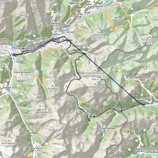Mapa miniatúra "Road trasa Naters - Eyholz" cyklistická inšpirácia v Région lémanique, Switzerland. Vygenerované cyklistickým plánovačom trás Tarmacs.app