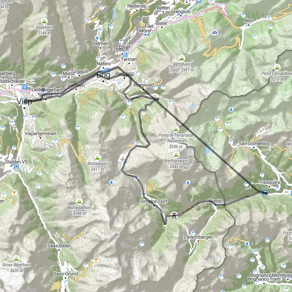 Miniatura della mappa di ispirazione al ciclismo "Avventura su strada attraverso Simplon Pass e Brig da Visp" nella regione di Région lémanique, Switzerland. Generata da Tarmacs.app, pianificatore di rotte ciclistiche