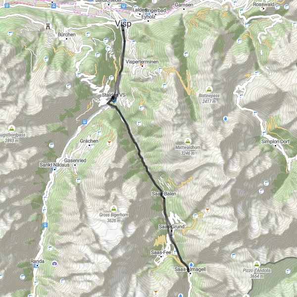 Zemljevid v pomanjšavi "Cestna pot od Vispa do Sonne" kolesarske inspiracije v Région lémanique, Switzerland. Generirano z načrtovalcem kolesarskih poti Tarmacs.app