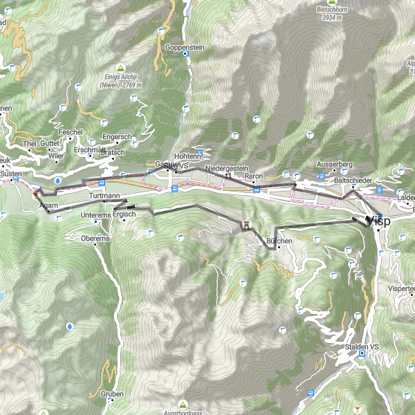 Miniaturní mapa "Okružní cyklistická trasa z Vispu" inspirace pro cyklisty v oblasti Région lémanique, Switzerland. Vytvořeno pomocí plánovače tras Tarmacs.app