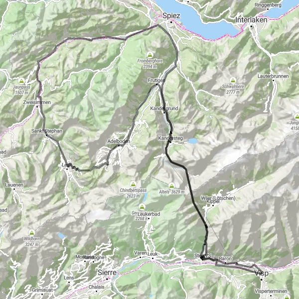 Miniatua del mapa de inspiración ciclista "Ruta de ciclismo de carretera desde Visp a Adelboden" en Région lémanique, Switzerland. Generado por Tarmacs.app planificador de rutas ciclistas