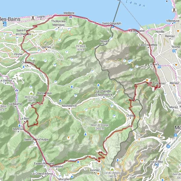 Miniatua del mapa de inspiración ciclista "Ruta de Grava por los Alrededores de Vouvry" en Région lémanique, Switzerland. Generado por Tarmacs.app planificador de rutas ciclistas