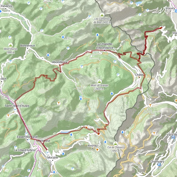Miniatua del mapa de inspiración ciclista "Ruta de ciclismo de grava por los alrededores de Vouvry" en Région lémanique, Switzerland. Generado por Tarmacs.app planificador de rutas ciclistas