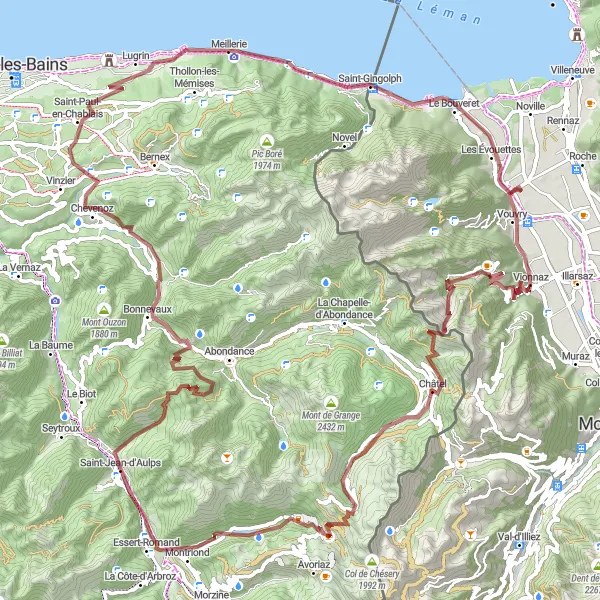 Map miniature of "Gravel Riding Adventure - Chessel to Saint-Gingolph" cycling inspiration in Région lémanique, Switzerland. Generated by Tarmacs.app cycling route planner