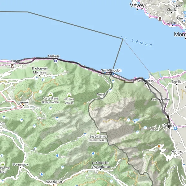 Mapa miniatúra "Cyklistická cesta okolo Vouvry" cyklistická inšpirácia v Région lémanique, Switzerland. Vygenerované cyklistickým plánovačom trás Tarmacs.app