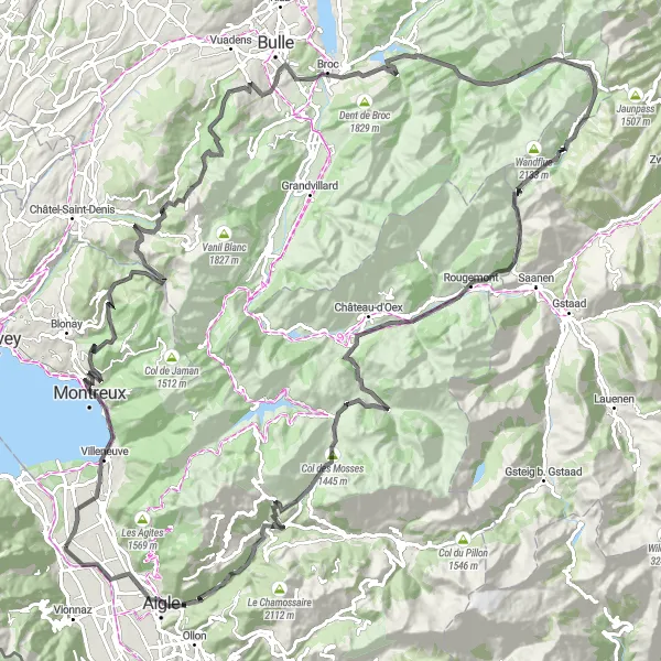 Miniaturní mapa "Trasa Vouvry - Chamby - Les Paccots - Teysachaux - La Tour-de-Trême - Les Mosses - Chessel" inspirace pro cyklisty v oblasti Région lémanique, Switzerland. Vytvořeno pomocí plánovače tras Tarmacs.app
