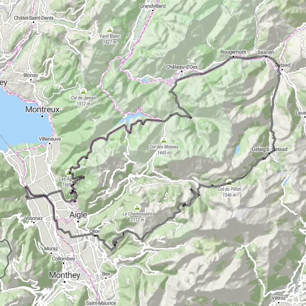 Miniatura mapy "Trasa road cycling: Vouvry - Château de la Porte du Scex - Corbeyrier - Les Agites - L'Étivaz - Saanen - Foto-Spot Gstaad Saanenland - Gsteig b. Gstaad - Col du Pillon - Col de la Croix - Huémoz - Chapelle Saint Blaise - Vouvry" - trasy rowerowej w Région lémanique, Switzerland. Wygenerowane przez planer tras rowerowych Tarmacs.app