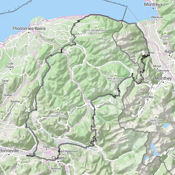 Zemljevid v pomanjšavi "Epska kolesarska avantura od Vouvryja" kolesarske inspiracije v Région lémanique, Switzerland. Generirano z načrtovalcem kolesarskih poti Tarmacs.app