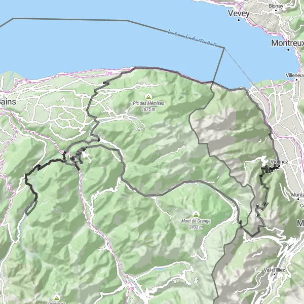 Miniaturní mapa "Významná silniční trasa s horskými výhledy" inspirace pro cyklisty v oblasti Région lémanique, Switzerland. Vytvořeno pomocí plánovače tras Tarmacs.app