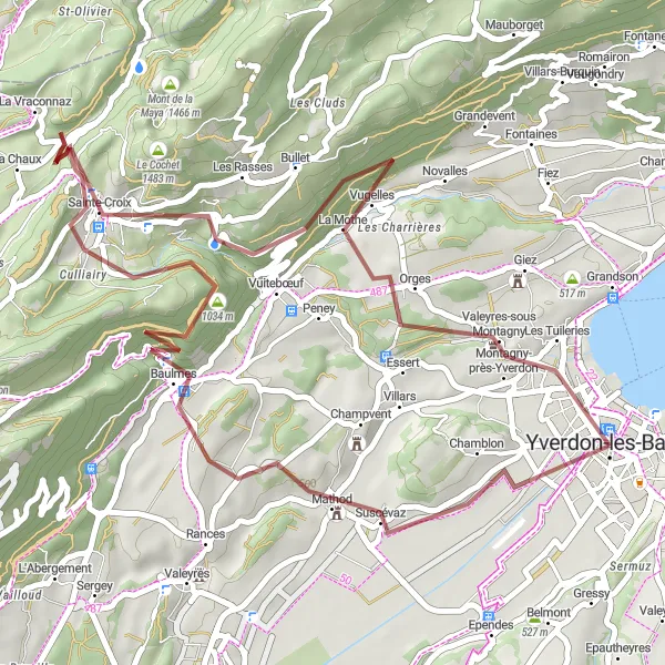 Kartminiatyr av "Graveltur runt Yverdon-les-Bains via Sainte-Croix och La Mothe" cykelinspiration i Région lémanique, Switzerland. Genererad av Tarmacs.app cykelruttplanerare