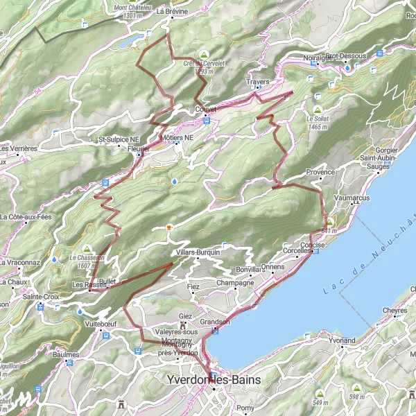 Miniaturní mapa "Gravelový okruh s výstupem na Crêt du Cervelet a Mutrux" inspirace pro cyklisty v oblasti Région lémanique, Switzerland. Vytvořeno pomocí plánovače tras Tarmacs.app