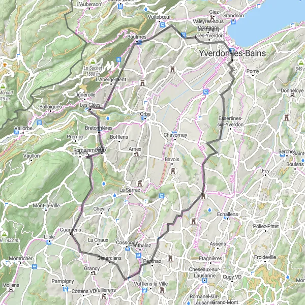 Miniaturní mapa "Cyklistická trasa skrz Étang du Buron a Les Clées" inspirace pro cyklisty v oblasti Région lémanique, Switzerland. Vytvořeno pomocí plánovače tras Tarmacs.app