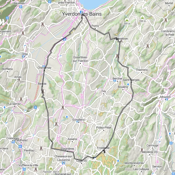 Map miniature of "Gentle Road Cycling Route through Cugy VD and Bioley-Magnoux" cycling inspiration in Région lémanique, Switzerland. Generated by Tarmacs.app cycling route planner