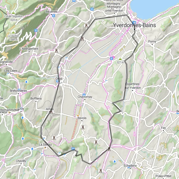 Miniatura della mappa di ispirazione al ciclismo "Giro in bicicletta da Yverdon-les-Bains a Belmont" nella regione di Région lémanique, Switzerland. Generata da Tarmacs.app, pianificatore di rotte ciclistiche