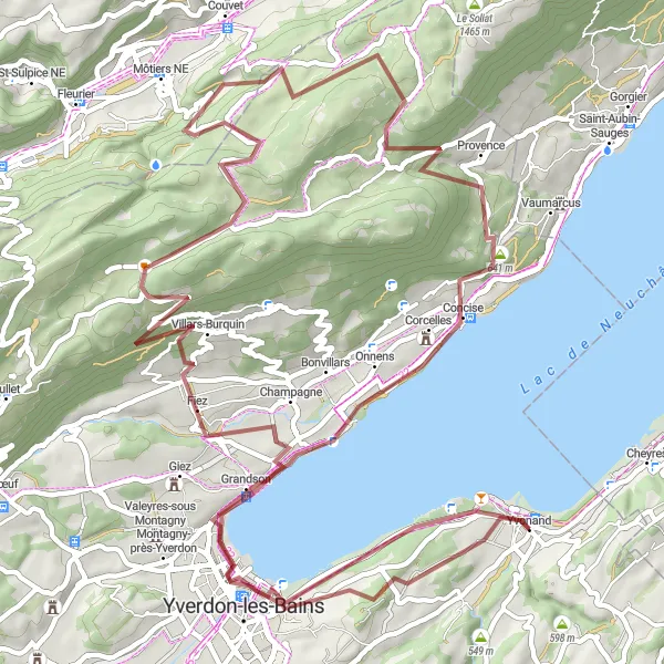 Map miniature of "Yvonand to Yvonand Loop (Gravel)" cycling inspiration in Région lémanique, Switzerland. Generated by Tarmacs.app cycling route planner