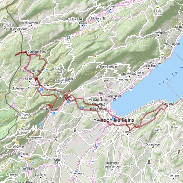 Map miniature of "Yvonand to Yvonand Loop (Gravel)" cycling inspiration in Région lémanique, Switzerland. Generated by Tarmacs.app cycling route planner