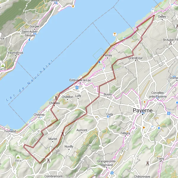 Miniatura mapy "Trasa gravelowa przez Estavayer-le-Lac i Sévaz" - trasy rowerowej w Région lémanique, Switzerland. Wygenerowane przez planer tras rowerowych Tarmacs.app