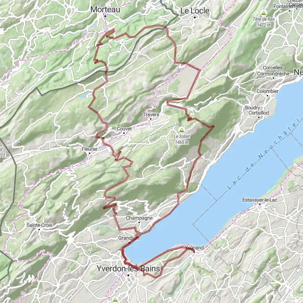 Kartminiatyr av "Gruset eventyr fra Yvonand til Yverdon-les-Bains" sykkelinspirasjon i Région lémanique, Switzerland. Generert av Tarmacs.app sykkelrutoplanlegger