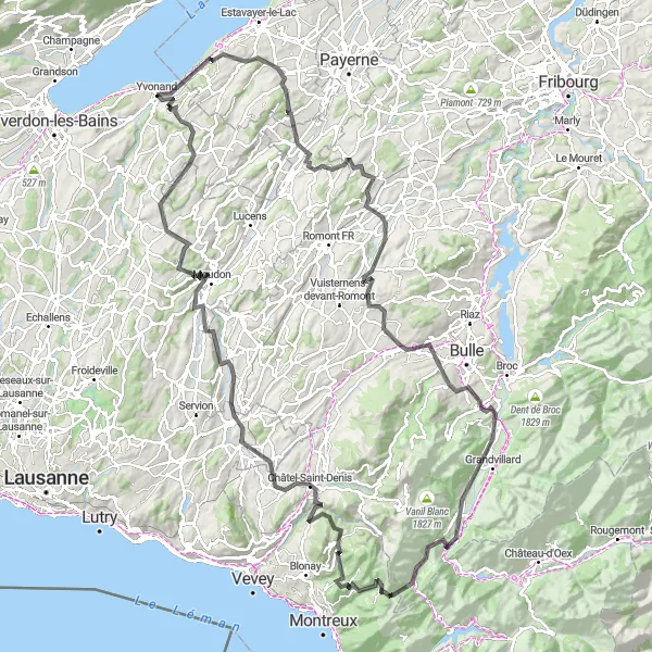 Map miniature of "Yvonand to Yvonand Loop (Road)" cycling inspiration in Région lémanique, Switzerland. Generated by Tarmacs.app cycling route planner