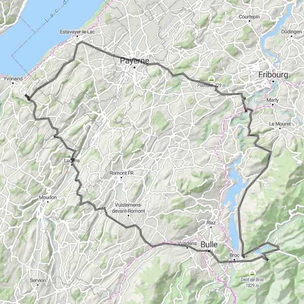 Miniatura della mappa di ispirazione al ciclismo "Giro panoramico tra Lully e Champtauroz" nella regione di Région lémanique, Switzerland. Generata da Tarmacs.app, pianificatore di rotte ciclistiche