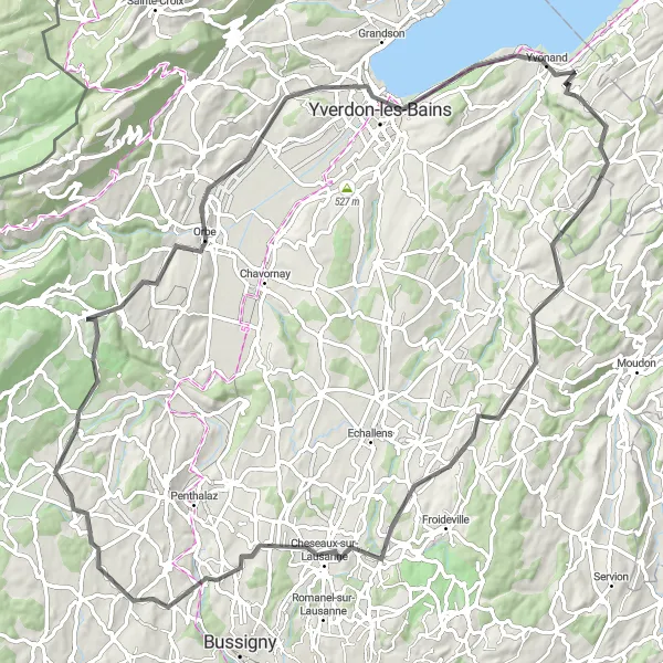 Map miniature of "Scenic Road Cycling Adventure near Yvonand" cycling inspiration in Région lémanique, Switzerland. Generated by Tarmacs.app cycling route planner