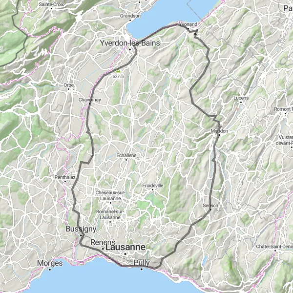 Map miniature of "Yvonand - Distinctive Road Cycling Route" cycling inspiration in Région lémanique, Switzerland. Generated by Tarmacs.app cycling route planner