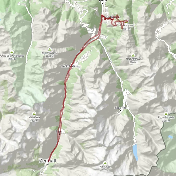 Map miniature of "Zermatt Gravel Adventure" cycling inspiration in Région lémanique, Switzerland. Generated by Tarmacs.app cycling route planner