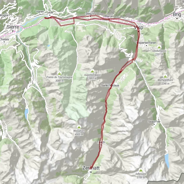 Map miniature of "Zermatt to Täsch Challenge" cycling inspiration in Région lémanique, Switzerland. Generated by Tarmacs.app cycling route planner