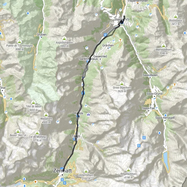 Kartminiatyr av "Rundtur Zermatt til Herbriggen Road Cycling Route" sykkelinspirasjon i Région lémanique, Switzerland. Generert av Tarmacs.app sykkelrutoplanlegger