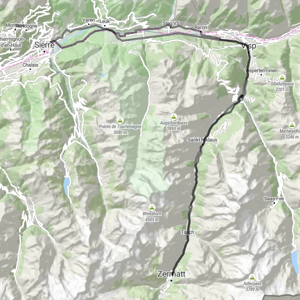 Mapa miniatúra "Zermatt - Randa - Varen - Visp" cyklistická inšpirácia v Région lémanique, Switzerland. Vygenerované cyklistickým plánovačom trás Tarmacs.app