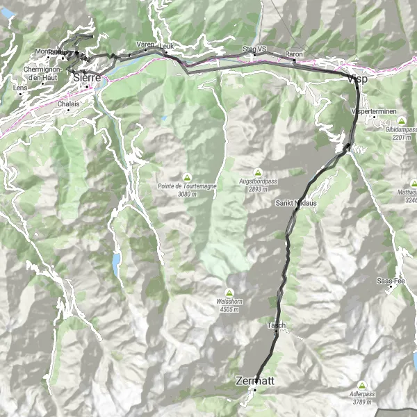 Kartminiatyr av "Lang veifyllt rute gjennom Zermatt" sykkelinspirasjon i Région lémanique, Switzerland. Generert av Tarmacs.app sykkelrutoplanlegger