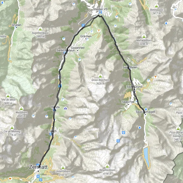 Mapa miniatúra "Zermatt - Täsch - Saas-Grund - Pheich - Sankt Niklaus - Gere" cyklistická inšpirácia v Région lémanique, Switzerland. Vygenerované cyklistickým plánovačom trás Tarmacs.app