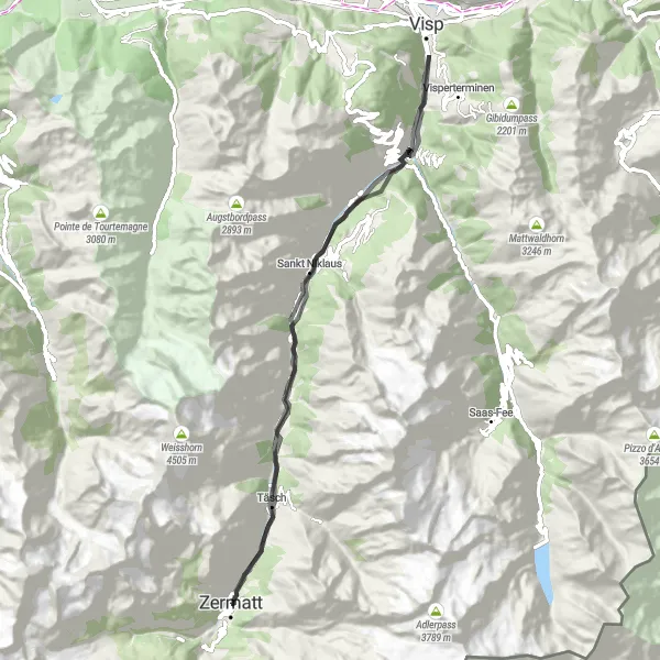 Map miniature of "Zermatt Express" cycling inspiration in Région lémanique, Switzerland. Generated by Tarmacs.app cycling route planner