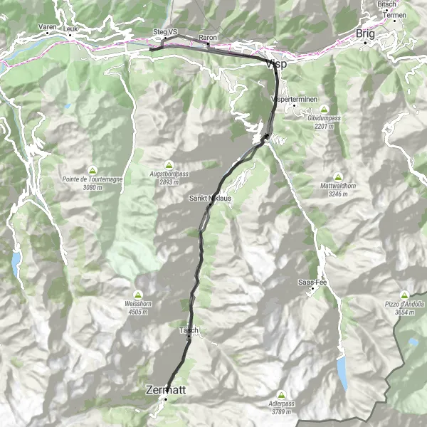 Map miniature of "Zermatt Alpine Adventure" cycling inspiration in Région lémanique, Switzerland. Generated by Tarmacs.app cycling route planner