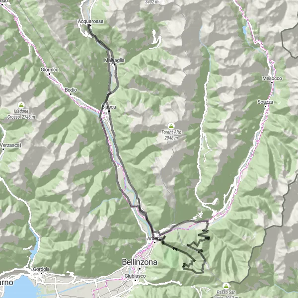 Miniaturní mapa "Výzva na silniční cyklistické trase z Acquarossy" inspirace pro cyklisty v oblasti Ticino, Switzerland. Vytvořeno pomocí plánovače tras Tarmacs.app