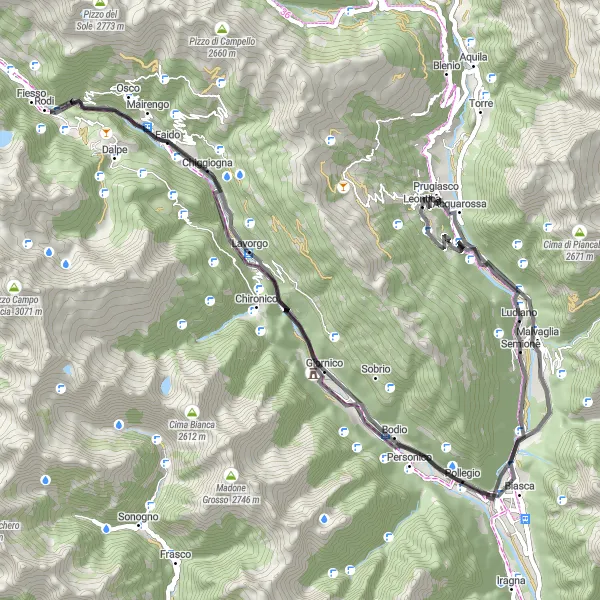 Map miniature of "Leventina and Biasca Loop" cycling inspiration in Ticino, Switzerland. Generated by Tarmacs.app cycling route planner