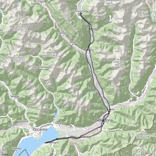 Miniatura della mappa di ispirazione al ciclismo "Escursione in bicicletta da Acquarossa ai laghi di Lugano" nella regione di Ticino, Switzerland. Generata da Tarmacs.app, pianificatore di rotte ciclistiche