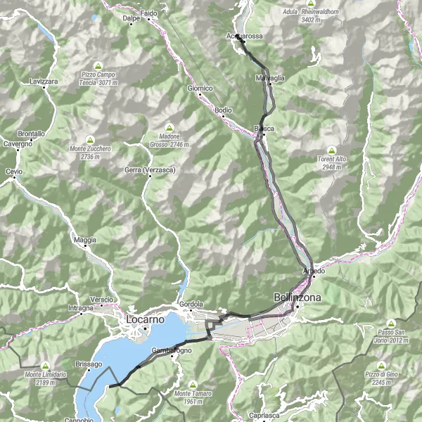 Zemljevid v pomanjšavi "Raziskovanje slikovitih kotičkov Ticino" kolesarske inspiracije v Ticino, Switzerland. Generirano z načrtovalcem kolesarskih poti Tarmacs.app
