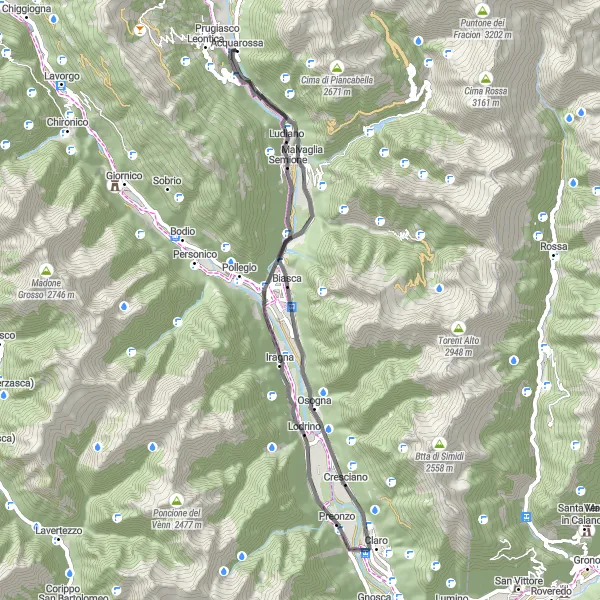 Miniatura della mappa di ispirazione al ciclismo "Rotta panoramica da Acquarossa a Corzoneso" nella regione di Ticino, Switzerland. Generata da Tarmacs.app, pianificatore di rotte ciclistiche