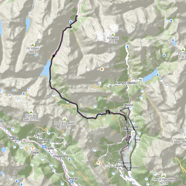 Karttaminiaatyyri "Vuorireitti Bleniosta Aquilaan" pyöräilyinspiraatiosta alueella Ticino, Switzerland. Luotu Tarmacs.app pyöräilyreittisuunnittelijalla