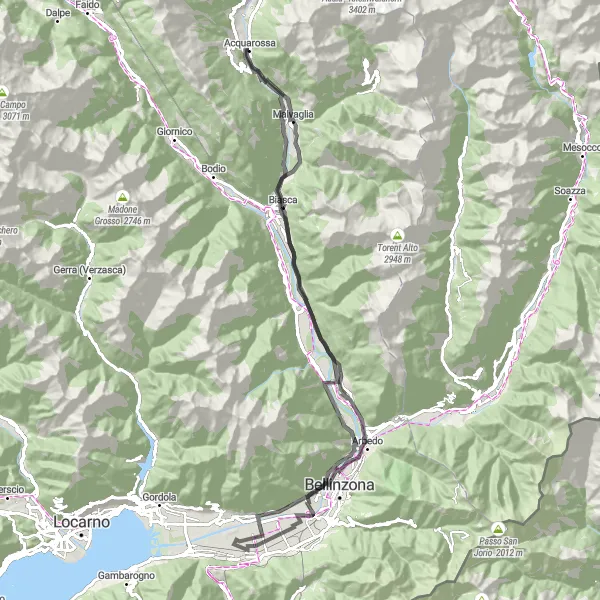 Miniatuurkaart van de fietsinspiratie "Fietsroute vanuit Acquarossa naar Bellinzona en terug" in Ticino, Switzerland. Gemaakt door de Tarmacs.app fietsrouteplanner