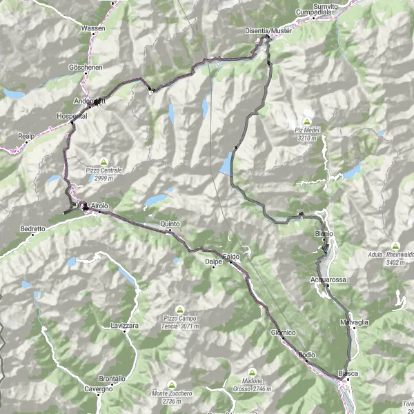 Miniatua del mapa de inspiración ciclista "Ruta de Ciclismo de Carretera de Acquarossa a Blenio" en Ticino, Switzerland. Generado por Tarmacs.app planificador de rutas ciclistas