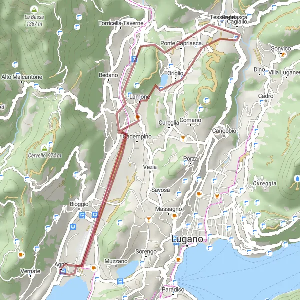 Miniaturní mapa "Gravel okruh kolem Agna" inspirace pro cyklisty v oblasti Ticino, Switzerland. Vytvořeno pomocí plánovače tras Tarmacs.app