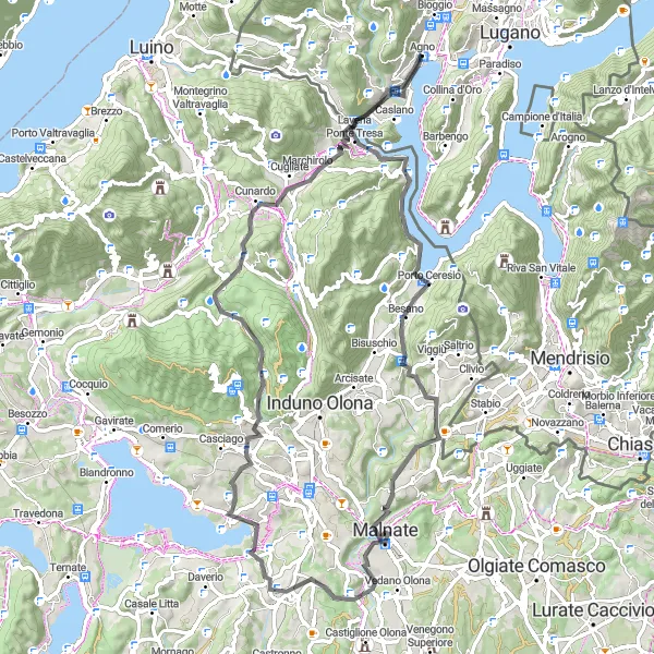 Map miniature of "Agno Lake Loop" cycling inspiration in Ticino, Switzerland. Generated by Tarmacs.app cycling route planner
